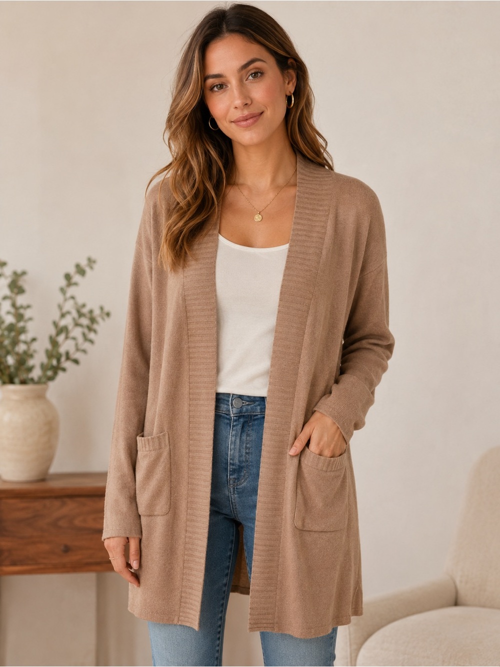 Women's Tan Open Front Cardigan Sweater